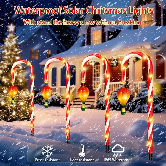 12 Pack Outdoor Solar Christmas Decorations, 180 Bright LED Solar Candy Cane Christmas Lights 8 Lighting Modes, Waterproof Outside Xmas Decorations with Lantern Decor Lights for Pathway Yard Garden