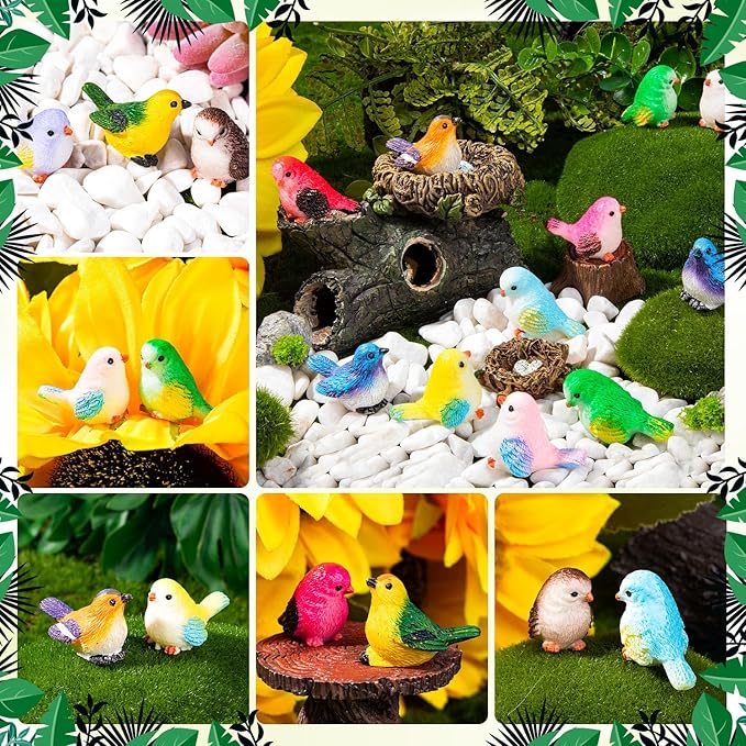 72PCS Miniature Cute Bird Decorative Figurines - Dollhouse Accessories, Mini Resin Birds Toy for Garden Crafts, Micro Landscape Home Meetings Decoration, Cake Topper (11 Styles)