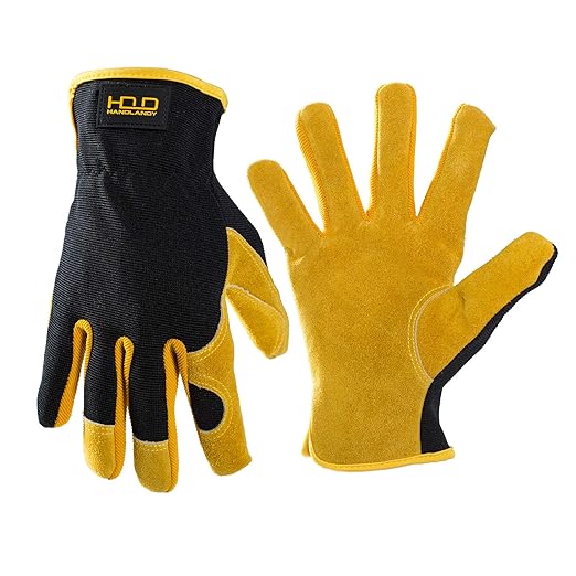 HLDD HANDLANDY Garden Gloves Men, Leather Work Gloves for Men & Women, Cowhide Gardening Gloves Utility Work Gloves for Mechanics, Construction, Driver (M, Yellow)