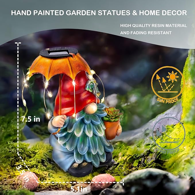 Elenon Garden Gnome Decor Solar Lights, Solar Elf Holding Umbrella Figurines Outdoor Decorative, Yard Art Garden Sculptures & Statues for Patio Yard Pathway