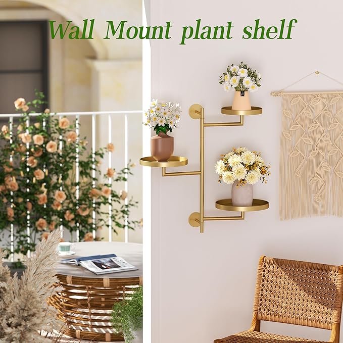 3-Tier Rotating Metal Window Plant Shelves Hanger, Wall-Mounted Gold Holder, Floating Shelf for Indoor Pots up to 6", Home Décor Gift for Plant Lovers