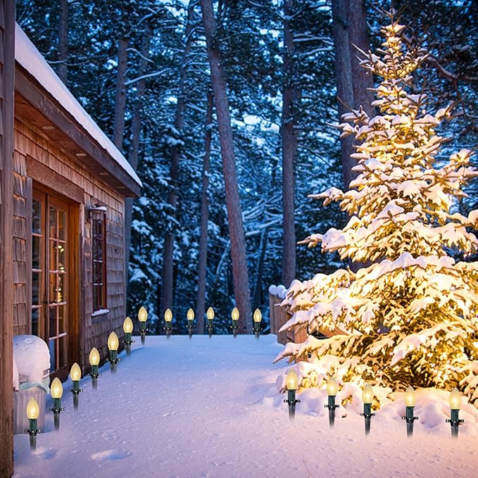 C9 Christmas Pathway String Lights, 38Ft Clear Pathway String Lights Outdoor with 25 Clear Bulbs and Stakes, Waterproof Walkway Lights for Outside Driveway Sidewalk Outdoor Christmas Decorations