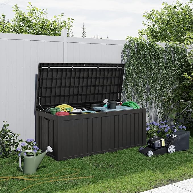 DRATO 150 Gallon Outdoor Storage Box, Large Waterproof Deck Box, Lockable Resin Storage Container with Reinforced Support for Patio Cushions, Garden Tools, UV-Resistant Outdoor Chest(Black)