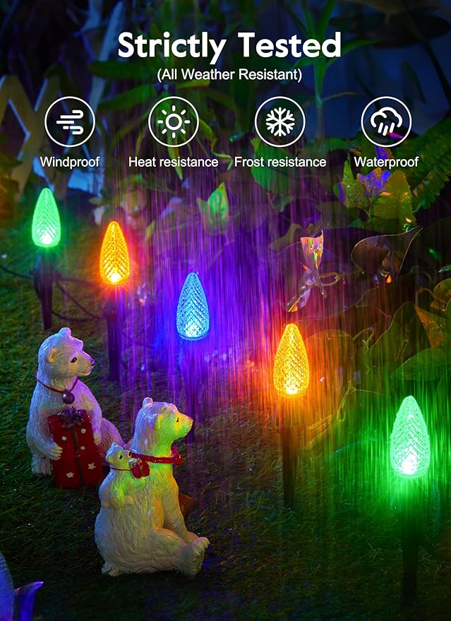 Brightown Strawberry C9 Christmas Pathway Lights, 25.7 Feet Walkway String With 20 Clear Bulbs and Stakes, Connectable Outdoor Decoration for Outside Lawn, Multicolor