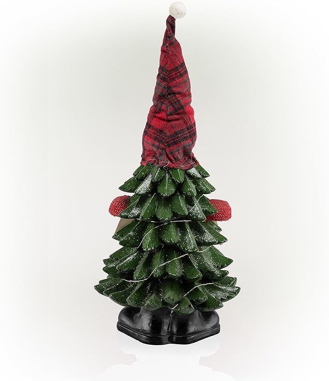 Alpine Corporation 28" H Polyresin Christmas Tree Cheer Gnome Decoration with Color Changing LED Lights, Christmas Decoration