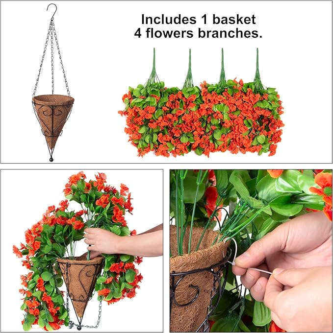 Artificial Hanging Flowers in 12 inch Basket, Fake Fall Plant Silk Orchid Flower Arrangement with Coconut Lining Pot Planter for Patio Garden Porch Deck Summer Autumn Decorationr(Orange)