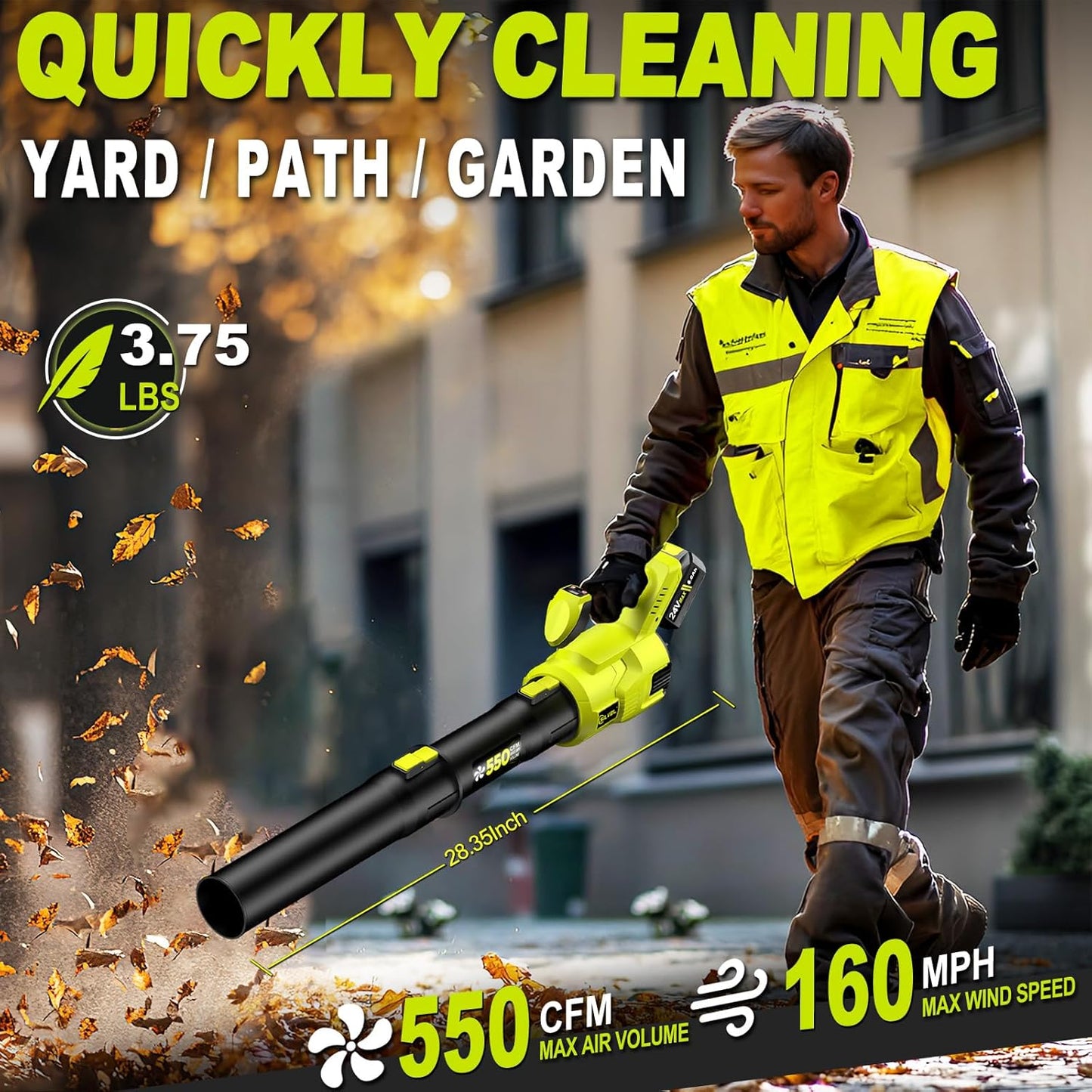 Cordless Leaf Blower, 550CFM (160MPH) Brushless Turbo Blower, 24V High Power Battery Powered Leaf Blowers with 2x4.0Ah Battery & Charger, Electric Blowers Variable Speeds for Lawn&Garden