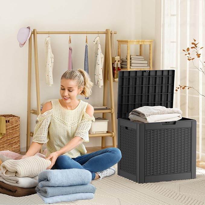 30 Gallon Resin Deck Box, Lockable Patio Outdoor Storage Box for Furniture, Garden Tools and Tools Storage, Waterproof Outside Storage Boxes - Black