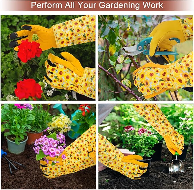 DLY Gardening Gloves for Women, Rose Gloves Gardening Thorn Proof, Long Garden Gloves for Women, Breathable Cowhide Leather Gauntlet (X-Large, Yellow