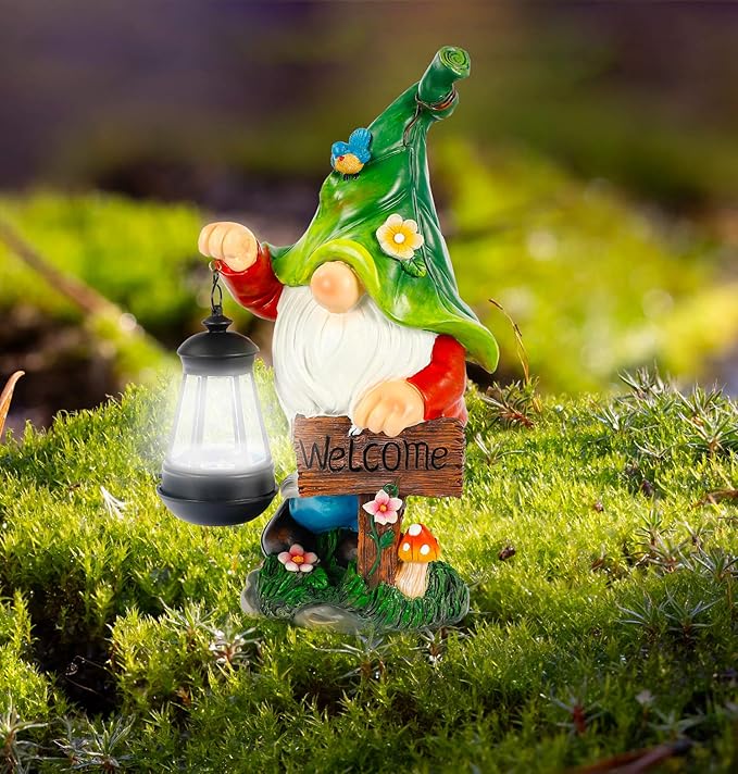 Garden Gnome Statue, Resin Figurine with Bright Solar Lantern Lights and Welcome Sign, Outdoor Solar-Powered Illumination Yard Art Decorations for Indoor Outdoor Patio Lawn Garden Room