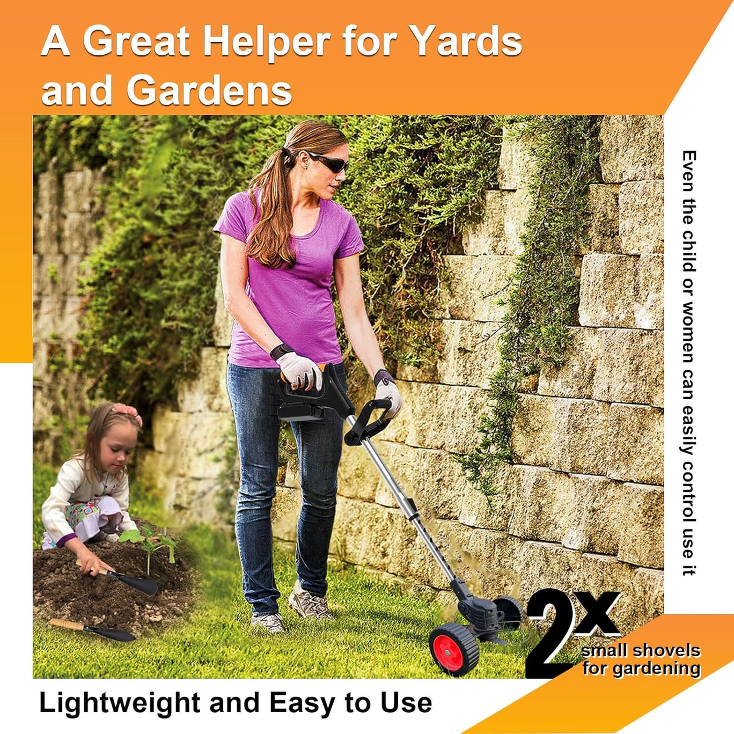 Electric Weed Wacker Eater Cordless Battery Powered, Weed Trimmer 21V Lightweight No-String with 2 Battery Operated & Wheels, 3 in 1 Stringless Grass Trimmer/Edger/Brush Cutter for Garden Yard Lawn