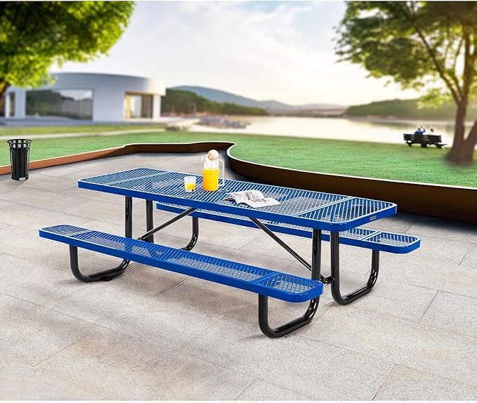Global Industrial 8’L Rectangular Picnic Table, Expanded Metal, Blue Thermoplastic Coating, Attached Benches, 1-1/2” Umbrella Pole Hole, Outdoor-Rated, 1000 lb Capacity, 96” x 30” Tabletop