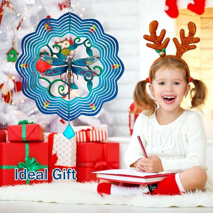 Dragonfly Metal Wind Spinners - 12 Inch Hanging Metal Wind Spinner for Outdoor & Indoor Decor, Dragonfly Kinetic Sculpture for Christmas Ornament Gifts, Yard Art and Garden Decorations