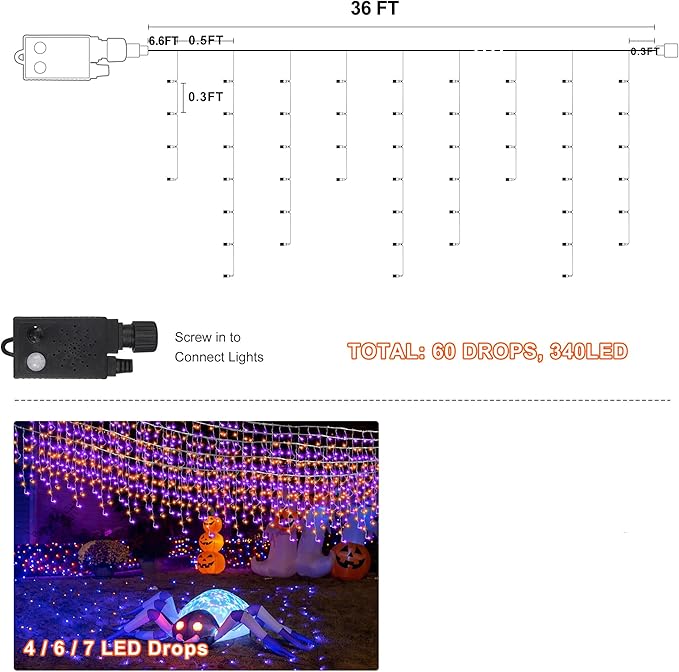 Halloween Icicle Lights with Spook Music Motion Sensing Function - 340LED 29Ft Purple Orange Curtain String Lights - Plug in Lighting for Outdoor Garden Window House Bedroom Halloween Decorations