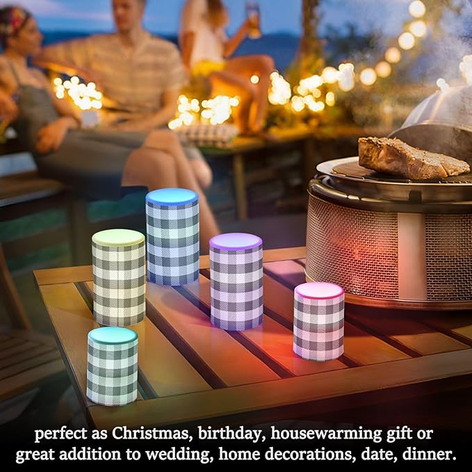 Flickering Flameless Candles, Black White Buffalo Plaid LED Candles with Remote Timer, Set of 2 Battery Operated Candle for Valentine Wedding Birthday