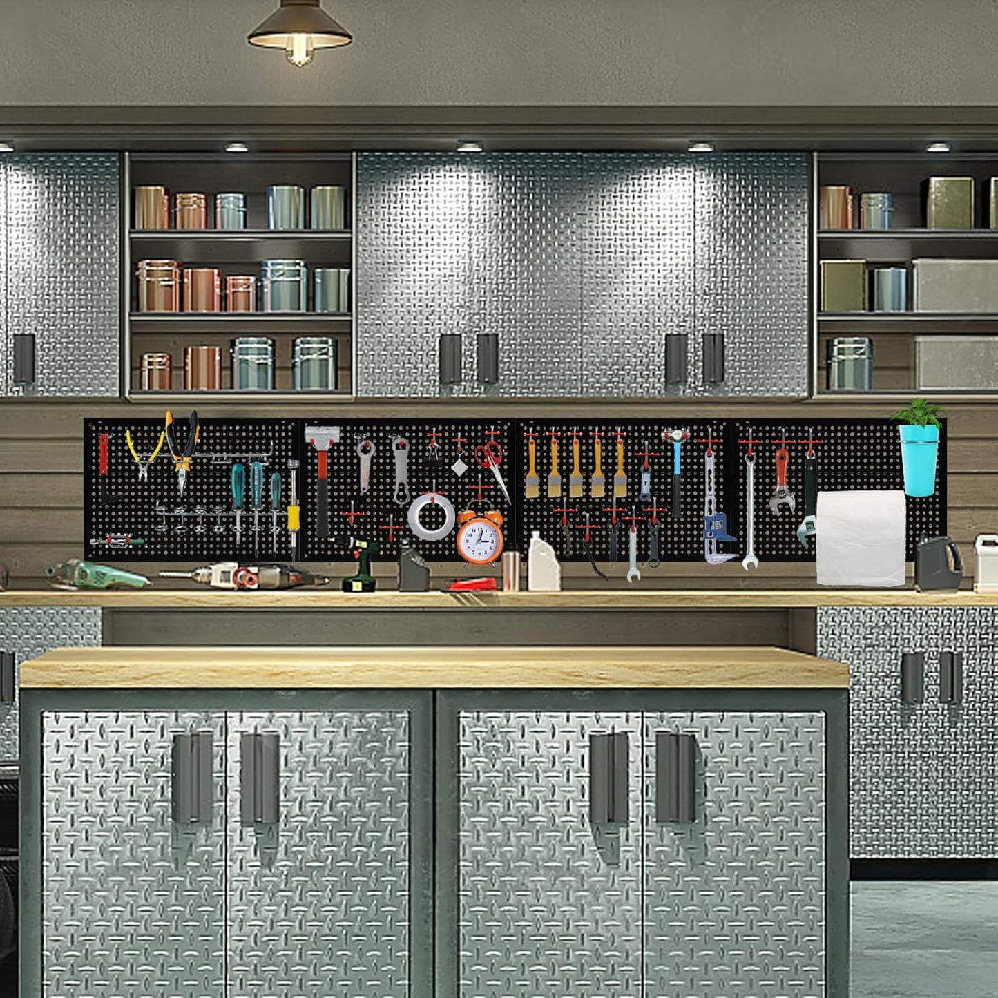 4 Pack Heavy Duty Steel Pegboard Garage Organization Panels,Universal 1/8 and 1/4 Pegboard Accessories,Suitable for Tool Storage,Garage Storage etc. (Black, 16X10.5)