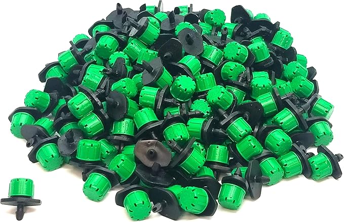 (100-PACK) - 360 Degree 1/4" Inch Universal Barbed Drip Emitter - Adjustable Flow 0-18.5 GPH Fit 1/4 (4-7mm) Drip Irrigation Tubing - Professional Grade Drippers for Drip Irrigation