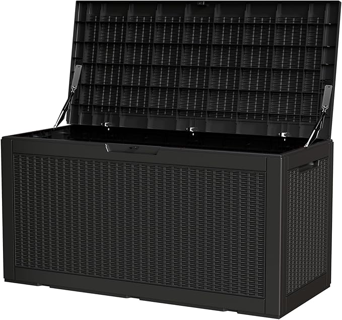 100 Gallon Storage Box, Waterproof Resin Deck Box with Hydraulic Piston Design, Lockable Storage Bench for Package Delivery, Storage Bin for Patio Cushions, Garden Tools, Black