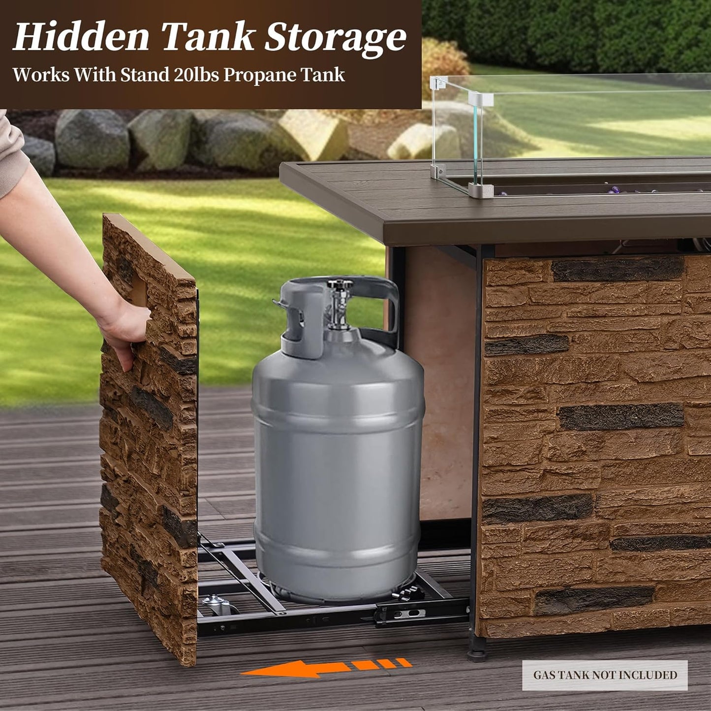 43β Propane Fire Pit Table Outdoor Rectangular Stone Firepit Table 50,000 Btu Propane Fire Tables for Outside Patio with Glass Wind Guard, Lid, Fire Glass Beads,Brown Rock Look