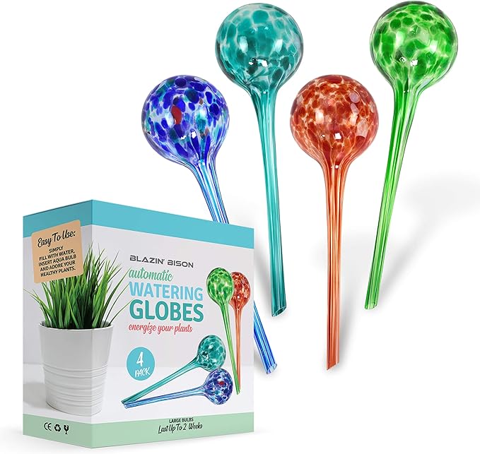 Blazin Indoor Plant Watering Globes | Automatic Self Water Bulbs | Aqua Water Globe | Decorative Hand-Blown Glass | 4pc Deluxe Set (Large)