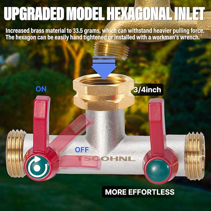 Hose Splitter, 180 Degree T Type Water Hose Splitter, Faucet Splitter 2 way 3/4" GHT Thickened Hexagonal Water Inlet with 2 More Extension Handles
