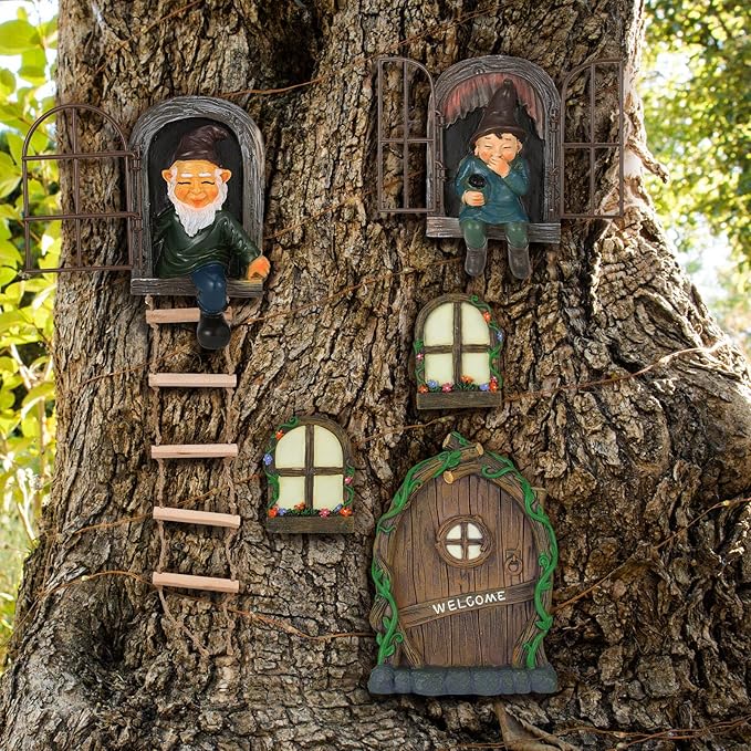 7 Pcs Fairy Garden Accessories Tree Hugger Gnome Statue Fairy Door Window Set Dwarf Elf Landscape Figurine Out The Door Resin Sculpture Hanging Tree Faces Decor for Trees Outdoor Decor
