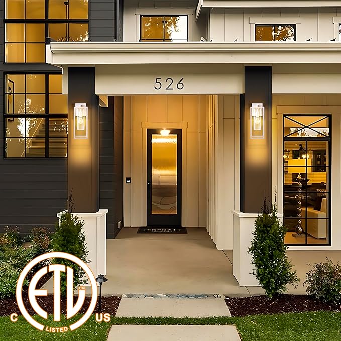 15.7 Inch Outdoor Wall Lights, White Outdoor Wall Lantern with Square Clear Glass Shade, Waterproof Exterior Lighting Fixtures, Modern Front Porch Lighting for House, Garage, E26 Base, ETL Listed