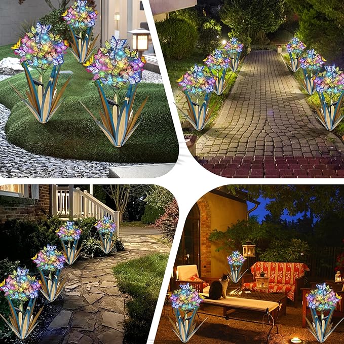 Homight Solar Metal Agave Butterfly Flower Stick Garden Sculpture Outdoor Gift Solar Garden Christmas Lights Swaying Butterfly Sunflower Garden Lights Solar Outdoor (3 PCS Blue)