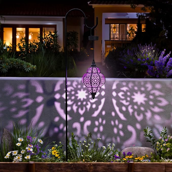 Hanging Solar Lights Outdoor Garden Decor Solar Lantern Waterproof Plastic Moroccan Outdoor Decorations for Patio Pathway Yard Backyard Garden Decorative (2, Purple)