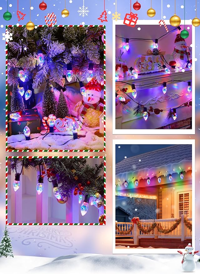 C9 LED Christmas Lights Outdoor, 25 Ft C9 String Lights with 20 Shatterproof LED Bulbs, 3 Light Mode, Connectable Waterproof Christmas Tree Lights for Outside Indoor Holiday Garden Decor, Multicolor