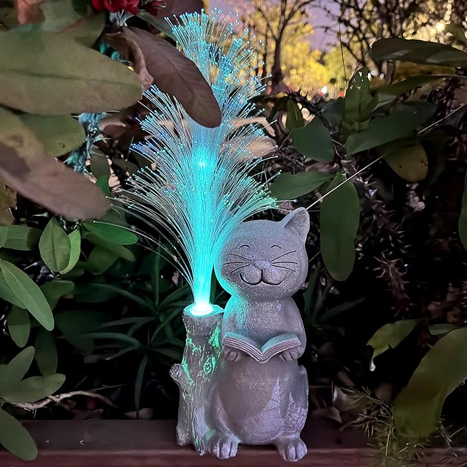 Cat Solar Garden Statues,Resin Cat Figurine Reading a Book and 7-Color Changing Optical Fiber with Solar Lights, Lawn Decor Outdoor Statue for Patio,Balcony,Yard,Lawn Ornament