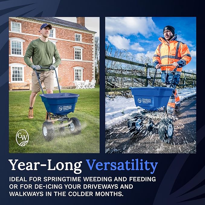 Charles Walters Equipment CW2000 Estate Style Broadcast Spreader for Spreading Fertilizer and Ice Melt on Lawns, Sidewalks, and Driveways, 65lb Capacity, 35" x 35"