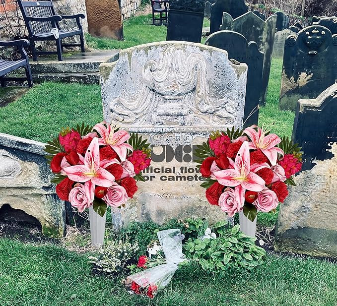 Handmade Cemetery Flowers with Vase for Grave Decor, Artificial Headstone Flower, Bright and Colorfast,Pink Rose Lily/Red Carnation