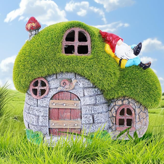 ILLUMINEW House Garden Statues with Solar Lights, LED Cute Flocked Fairy House with Gnomes Garden Figurine, Outdoor Patio Yard Lawn Decorations Gift