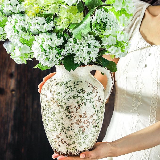 Enra Vintage vase,Ceramic Chinoiserie Floral Vase,Green and Beige Decorative Flower vase,Large Rustic Vases for Home Decors, Living Room, Bookshelf, Office,9.7 inch