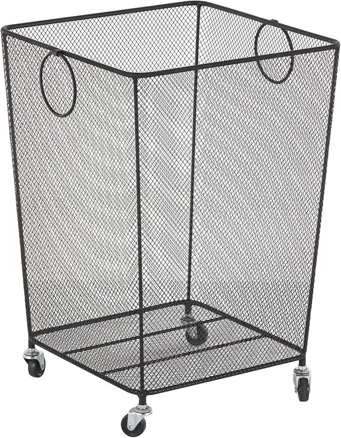 Deco 79 Metal Storage Basket Square Mesh Wire Rolling Laundry with Ring Handles, 17" x 16" x 24", Black