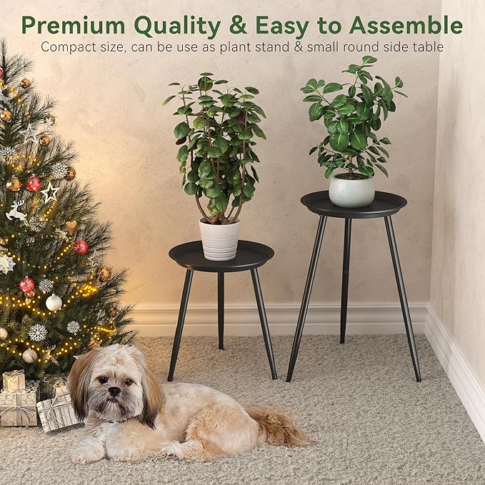 Indoor Plant Stand Metal Mid Century Tall Plant Table Flower Pots,Modern Plant Stand for Indoor Plants Outdoor Small Round Side Home Decor Shelf Heavy Duty Plant Holder End Table Black 2 Pack