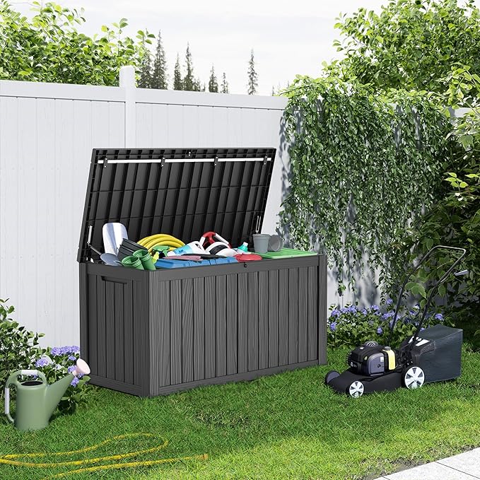 150 Gallon Resin Deck Box, Lockable Patio Outdoor Storage Box for Furniture, Garden Tools and Tools Storage, Waterproof Outside Storage Boxes - Black