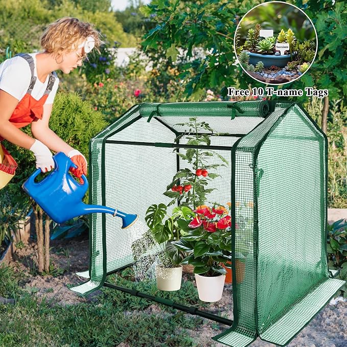 Ileading Small Greenhouse for Outdoor Indoor Portable Mini Garden Green House with Waterproof Pad, 4 Ground Stakes, 10 T-Shaped Plant Tags, Durable PE Plant Cover Tent, 33.5x23.2x32.5 Inch