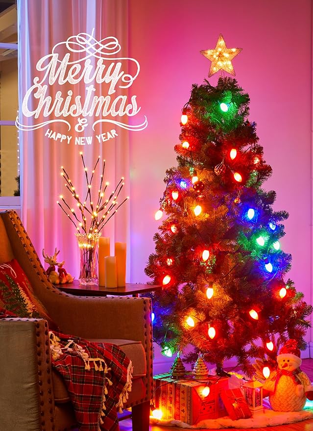 Brightown Frosted C9 LED Christmas Lights Outdoor, 2 Packs Total 64Ft Christmas Pathway Lights with 50 LED Bulbs and Stakes, Christmas Decorations Outside Driveway Walkway Sidewalk, Multicolor