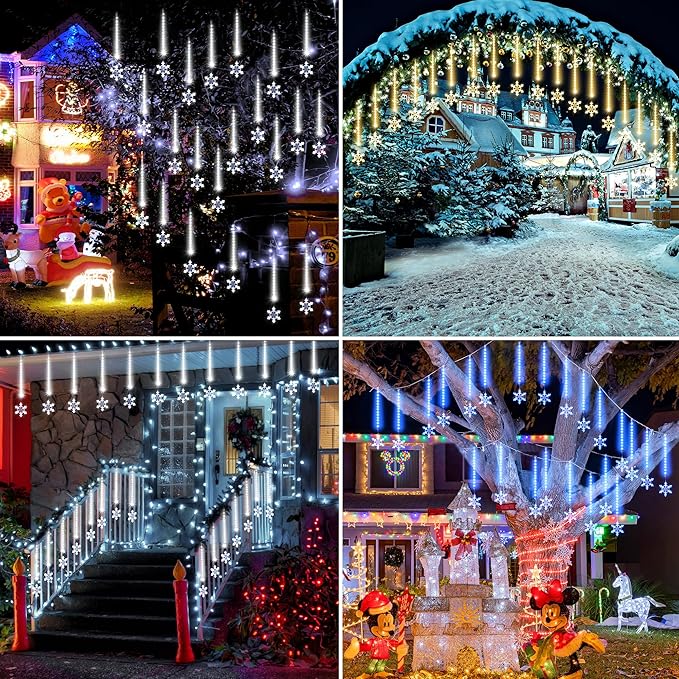 Enhon 2 Pack Meteor Shower Snowflake Lights Outdoor with Timer, Total 480 LED 12in 16 Tube Connectable Waterproof Meteor Rain Drop Christmas Light with Snowflake for Xmas Tree Roof Garden(Blue)