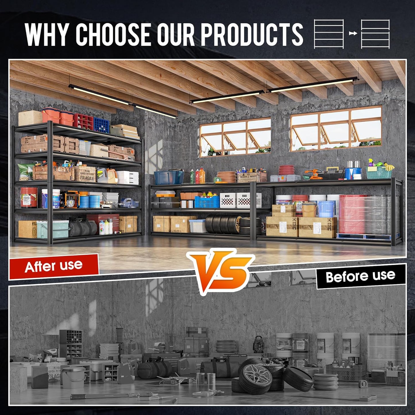 59.8" W x 72.2" H x 24.2" D Metal Storage Shelves, 2650LBS Garage Shelving Unit with Adjustable Shelf, 5 Tier Storage Rack for Garage, Pantry, Warehouse, Basement, Black, 2 Pack