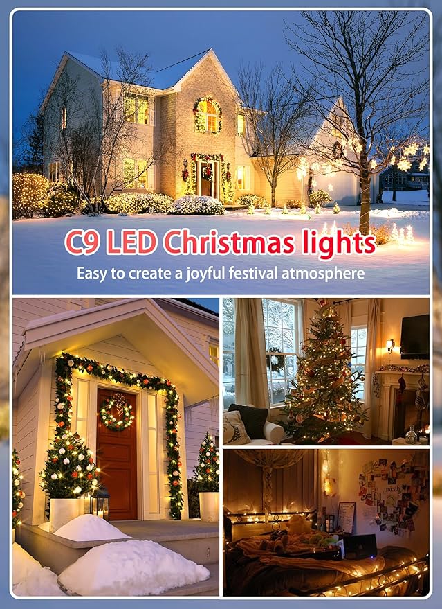 Vintage C9 LED Christmas Lights Outdoor, 50 Feet C9 String with 50 Shatterproof Matte Bulbs, Connectable Waterproof Tree Lights for Holiday Roofline, Backyard Garden Decor, Warm White