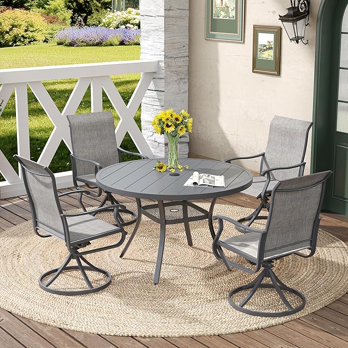 DIFY Outdoor Dining Table for 4, Round Patio Table with Umbrella Hole for Garden, Backyard and Porch (Dark Grey)