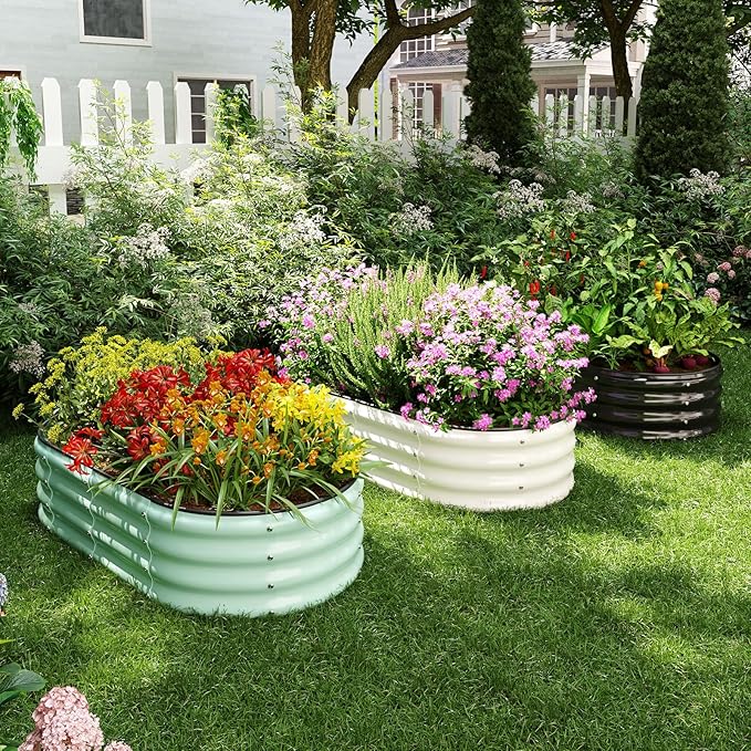 Galvanized Metal Planter Round Raised Garden Bed Kit for Gardening Outdoor,3x3x1ft 2PC Grow Garden Box Raised Flower Bed,Round Galvanized Planter Outdoor Large Metal Fire Pit Ring White