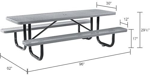 Global Industrial 8’L Rectangular Picnic Table, Expanded Metal, Gray Thermoplastic Coating, Attached Benches, 1-1/2” Umbrella Pole Hole, Outdoor-Rated, 1000 lb Capacity, 96” x 30” Tabletop