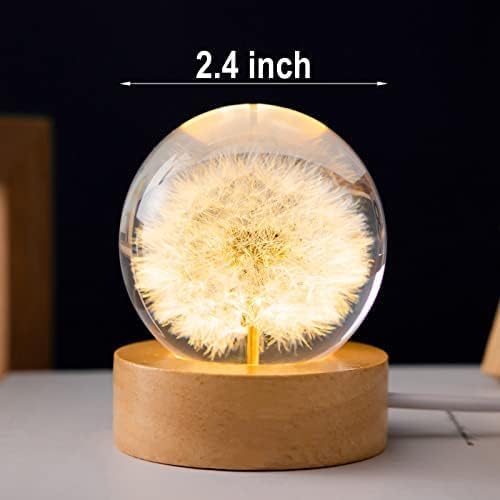 Flower Crystal Ball Night Light,2.4 inch Glass Ball Night Lamp with Woodern Base (Red Daisy)