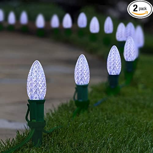 C9 Christmas Pathway Lights with Stakes,Cold White,2 Pack Total 60 Ft 40 Strawberry LED Bulbs,Connectable Shatterproof Outdoor Lights Marker for Xmas Yard Garden Path Lawn Walkway Sidewalk