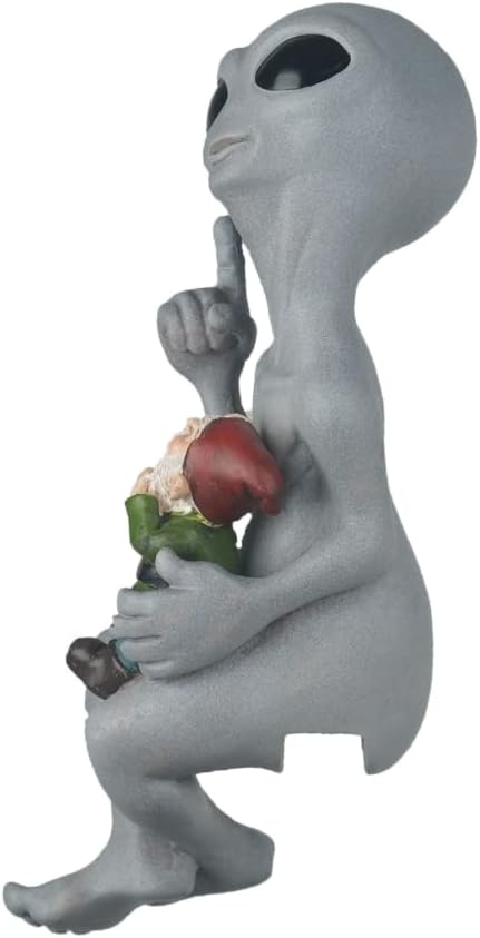 Andre' & Fritz Friendship “Origins” Alien and Gnome Garden Fence Sitter Statue | Poly-Resin 9" h x 3" w x 4" d Outdoor Décor (Origins - Fence Sitter)