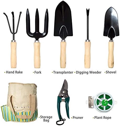Garden Tools Set 10 Pcs, Heavy Duty Gardening Tool Kit with Storage Organizer, Ergonomic Hand Digging Weeder/Rake/Shovel/Fork/Sprayer/Gloves/Plant Rope/Pruner
